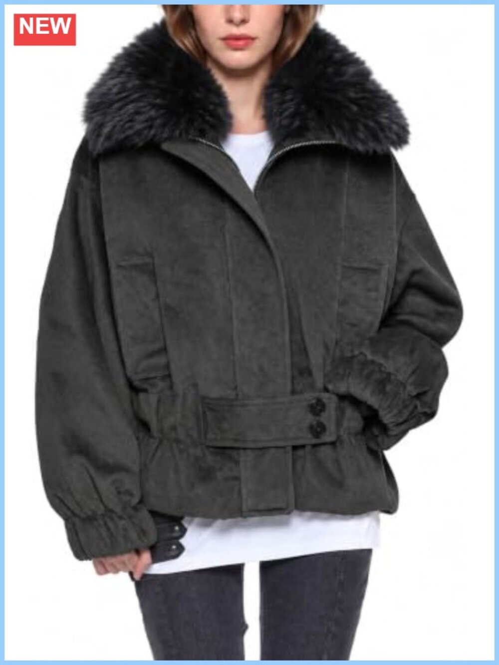 Faux Suede Bomber Jacket with Detachable Faux Fur Collar